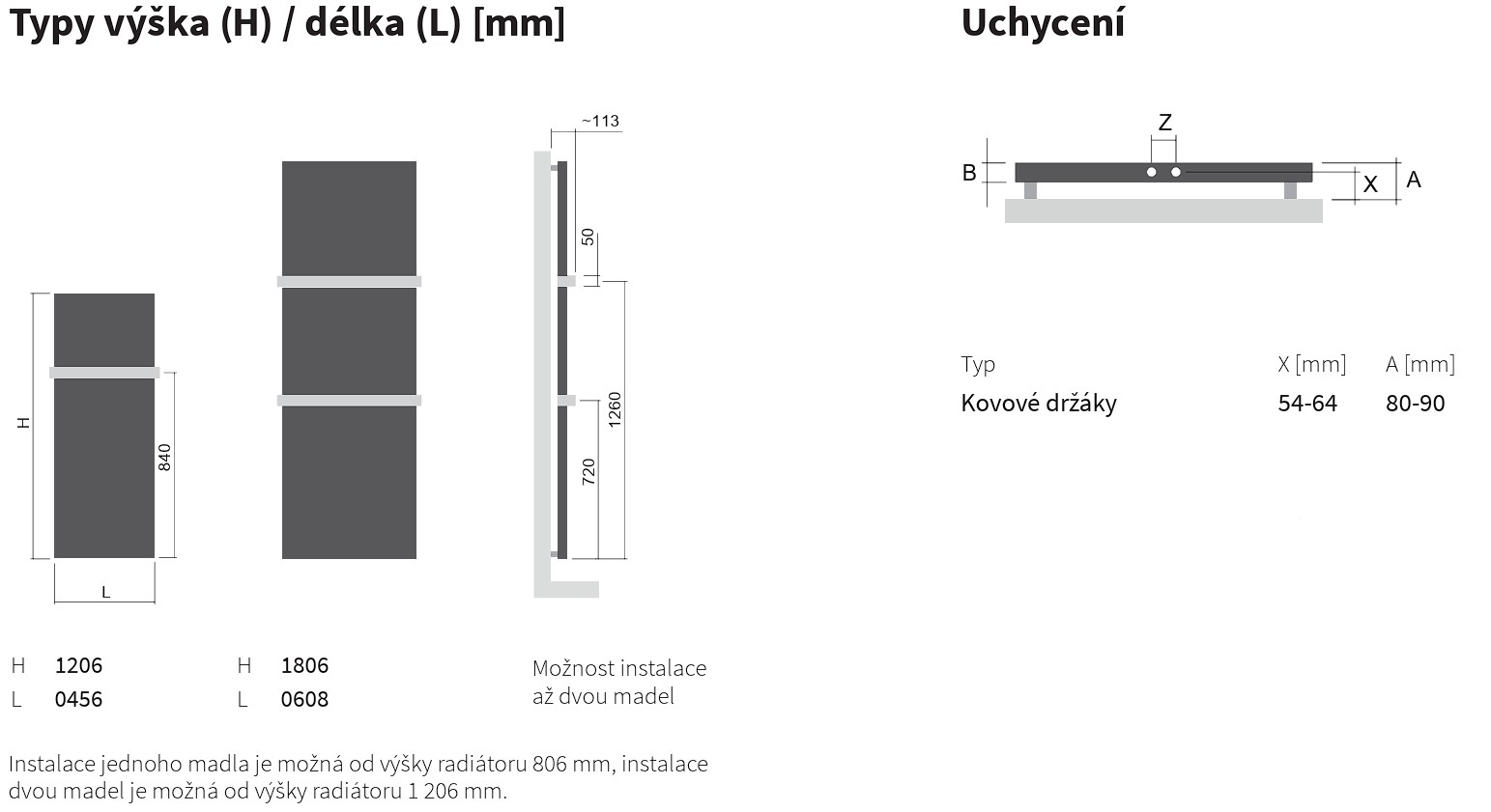 Koupelnový radiátor Variant ISAN Melody technický výkres